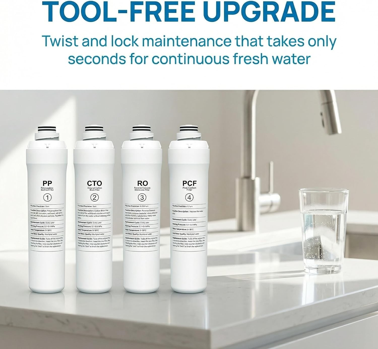 Tool-Free 4-Pack Water Filter Replacement for RO100ROPOT System – Easy Install