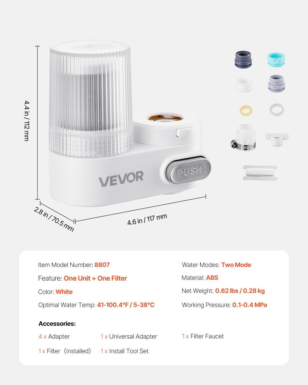 Faucet Mount Filter Vertical Water Purifier for Sink 2 Mode Carbon Fiber White