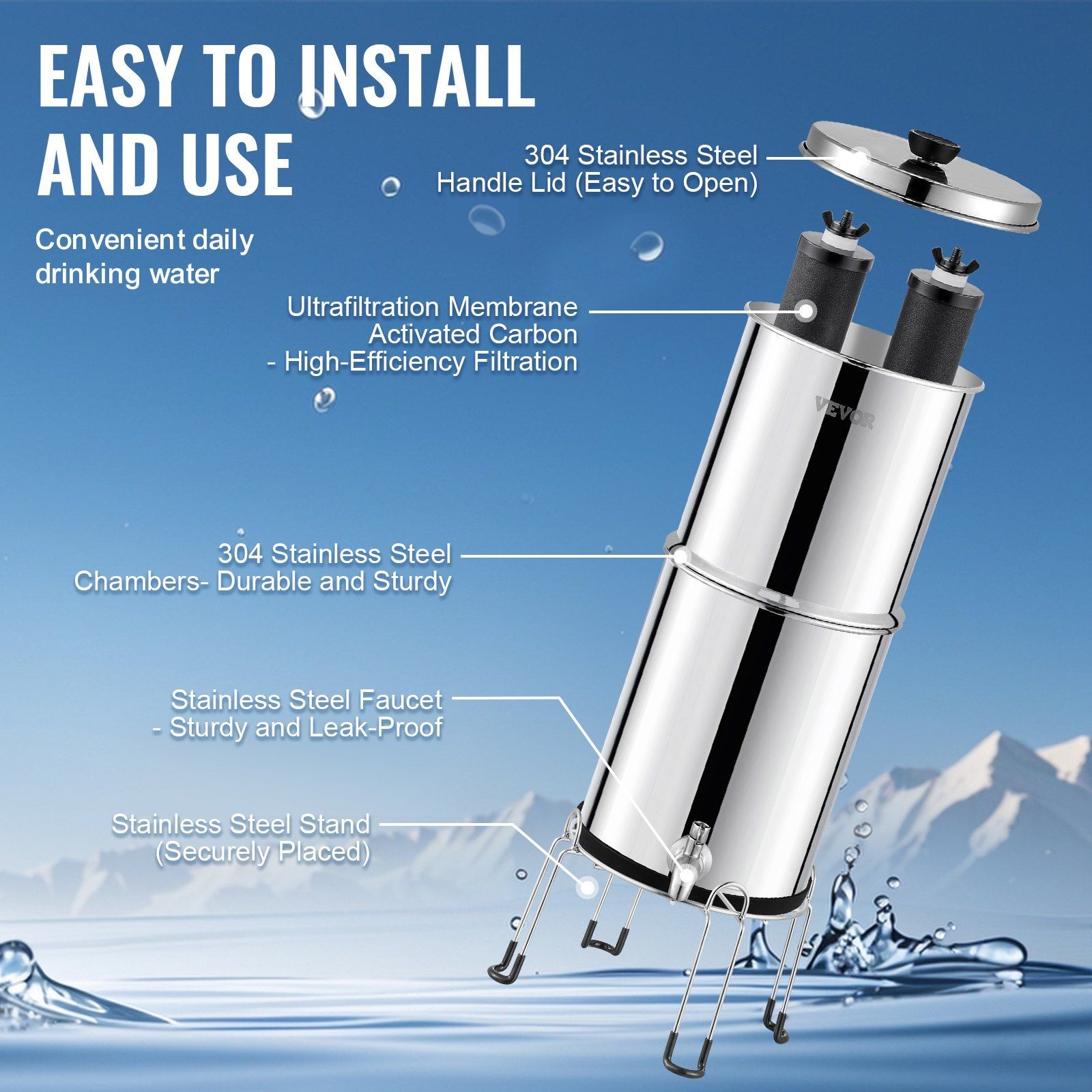 2.25G Heavy-Metal Reducing Gravity Filter 304 SS w/Carbon & Spigot