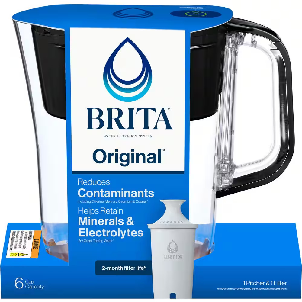 Denali 6 -Cup Small Water Filter Pitcher in Black with 1-Standard Filter, BPA Fr