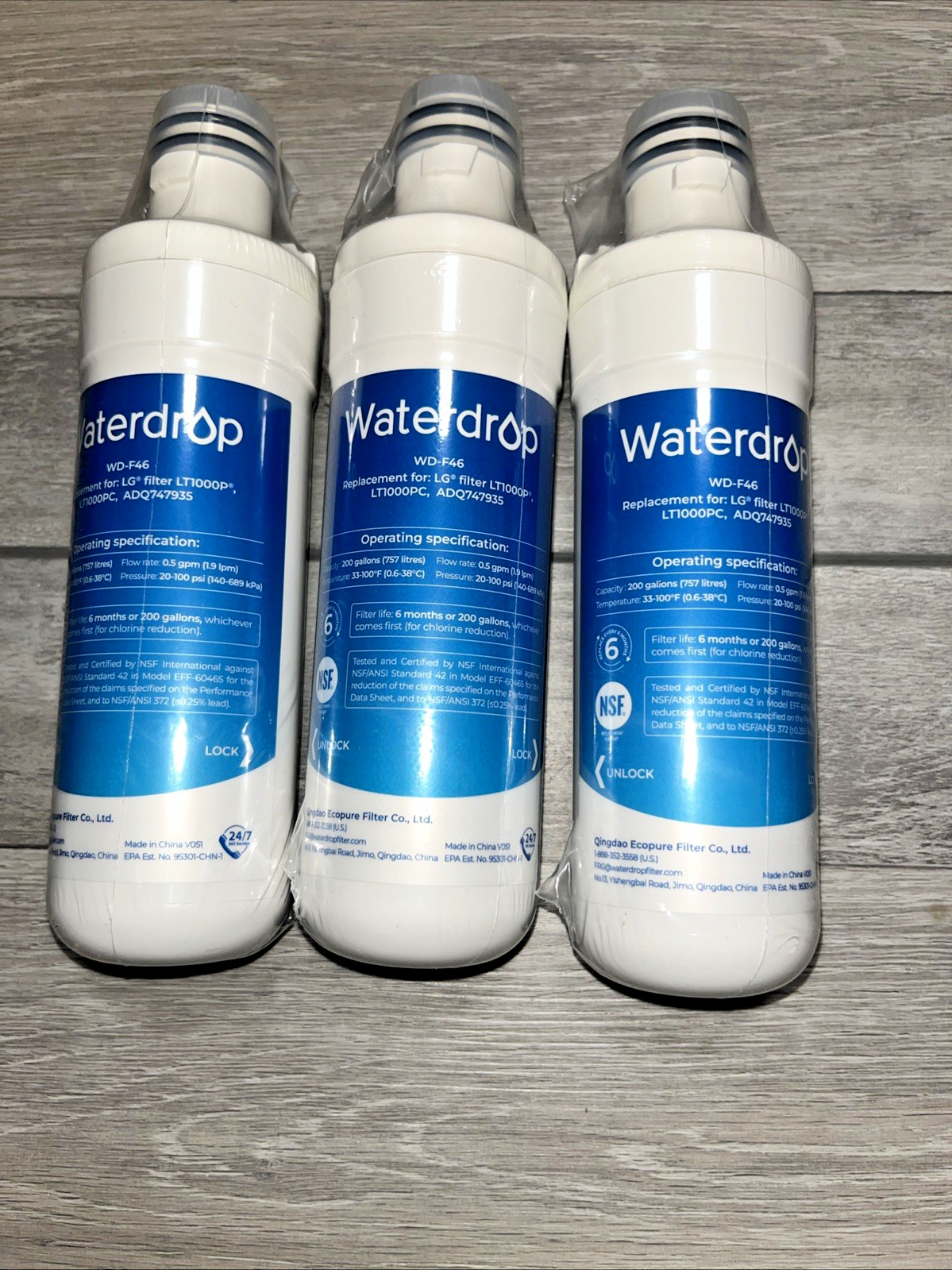Set of 3 Waterdrop WD-F46 Replacement Refrigerator Water Filters for LG LT1000
