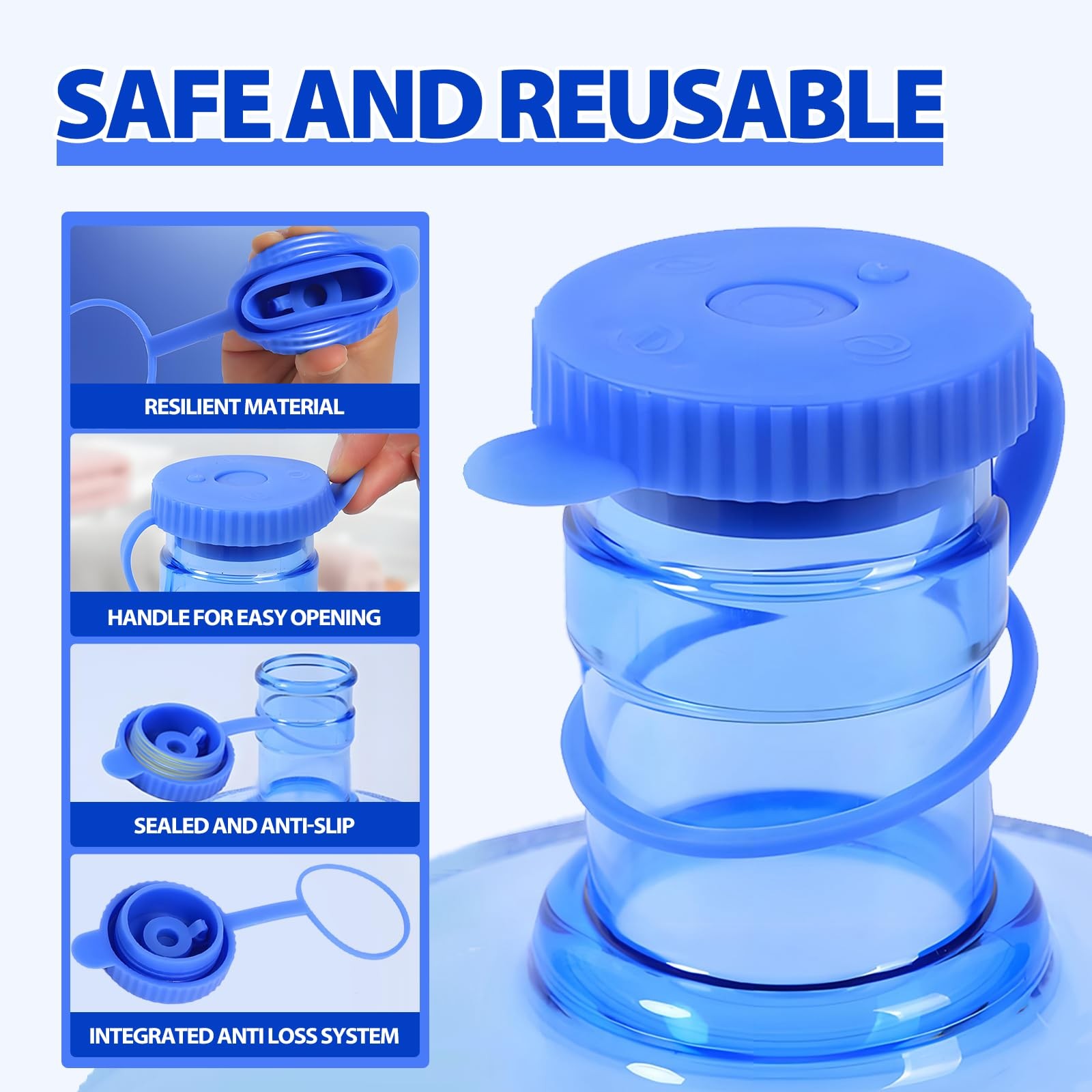 Simpldell 4 Pack Reusable Water Jug Caps for 3 & 5 Gallon Bottles, 55mm Blue
