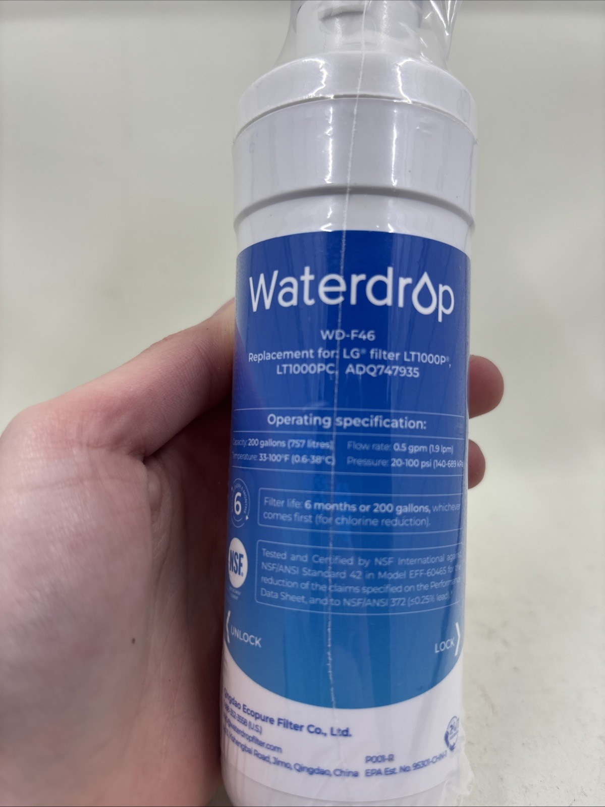 Waterdrop Replacement Refrigerator Water Filter WD-F46 for LG LT1000