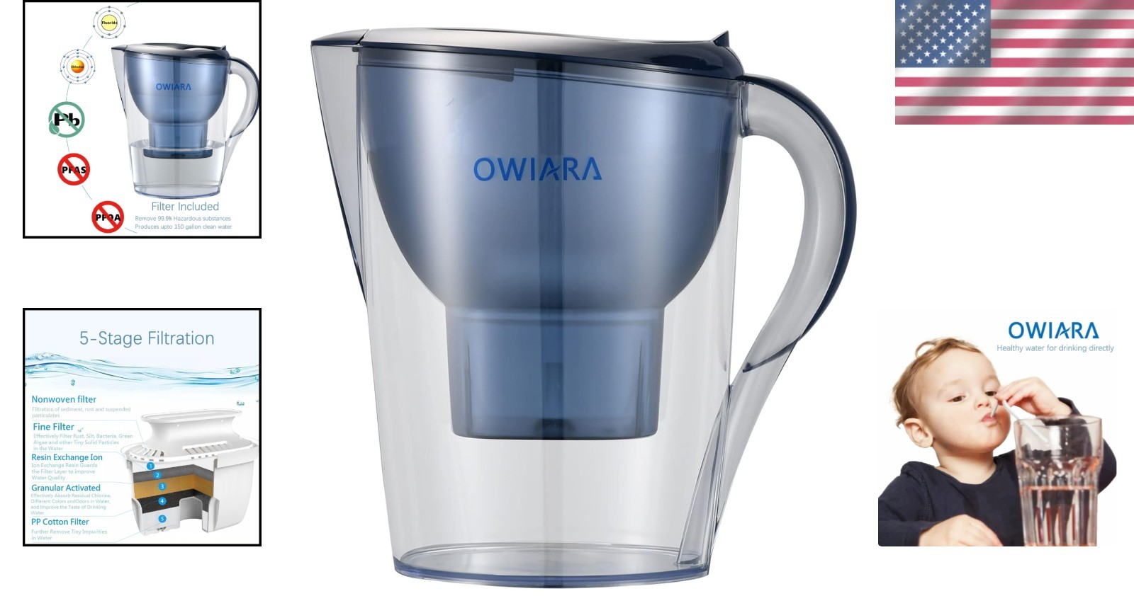 Manual Powered 14-Cup Water Filter Pitcher with Activated Carbon & Digital Alert