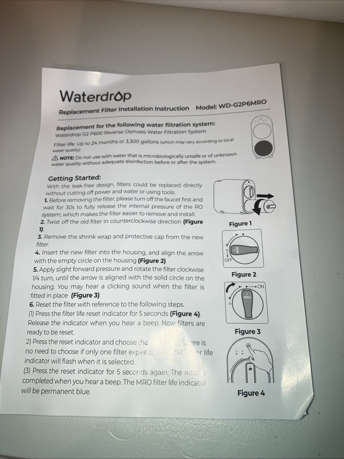 Waterdrop WD-G2P600-RO Filter Replacement for WD-G2P600-W Reverse Osmosis System