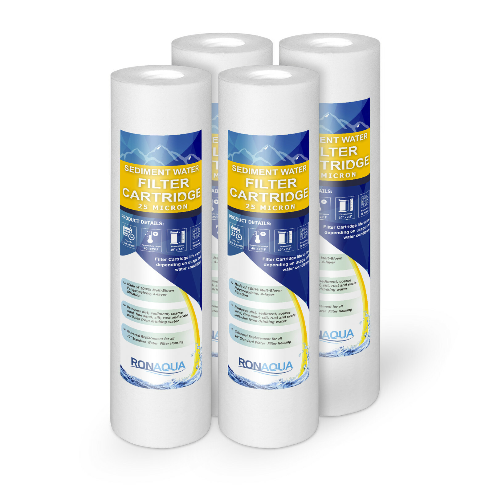 4 Sediment 25 Micron Water Filter Cartridges 2.5″ x 10″ for Reverse Osmosis