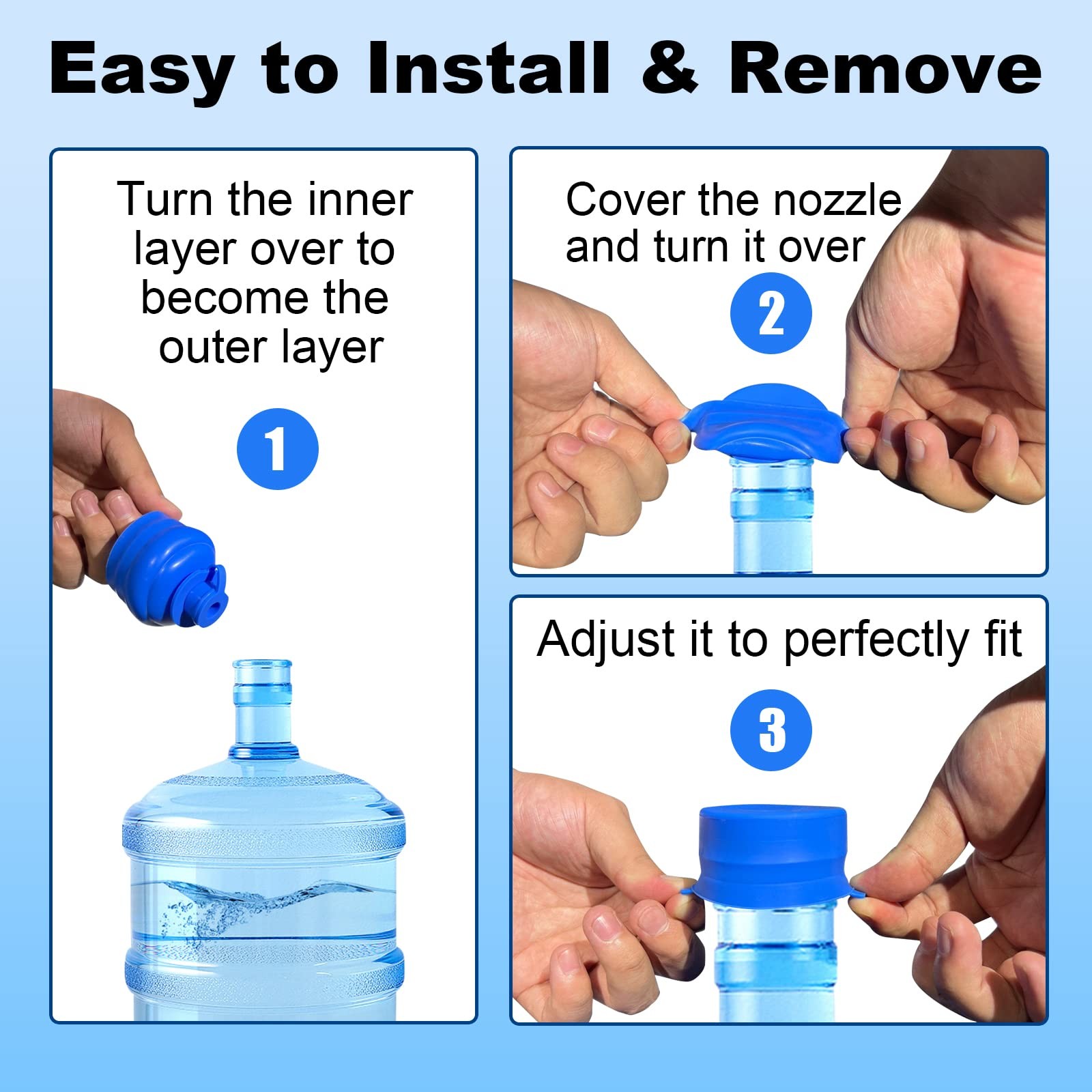 MYLOLF 3 & 5 Gallon Water Jug Cap, 3 Pack Reusable Food Grade Silicone Blue
