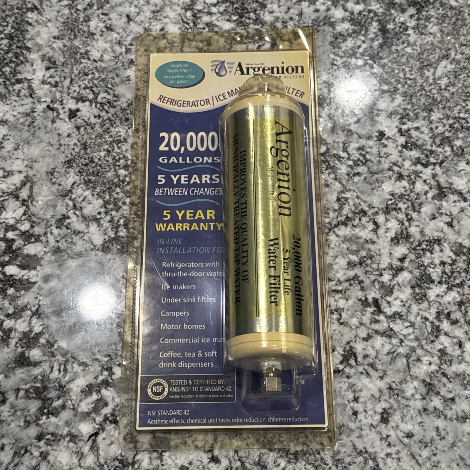 Argenion 20,000 Gal. Refrigerator In-line Water Filter 5 Yr. FACTORY SEALED NEW
