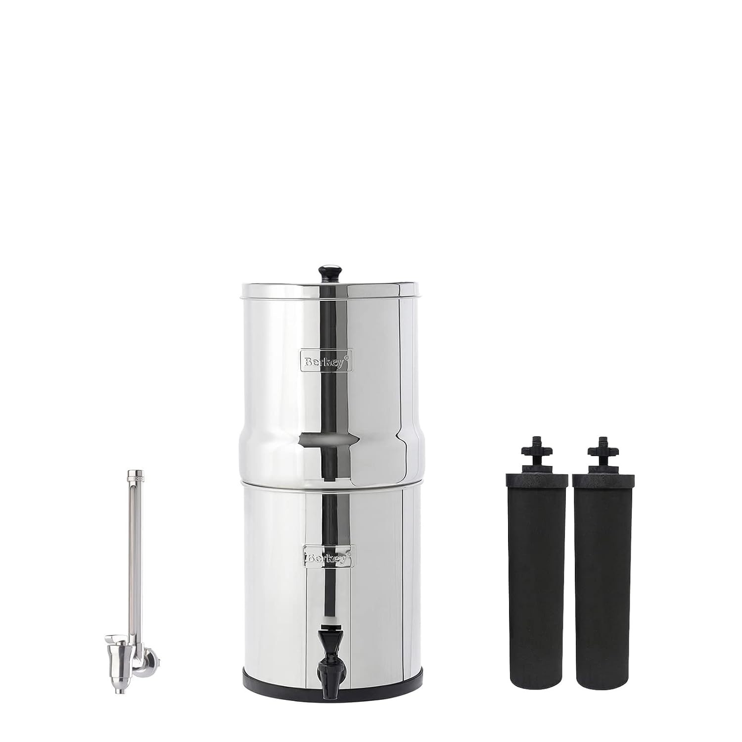 Gravity-Fed Water Filter System with 2 Black Berkey Elements Plus Deluxe 7″ Stai