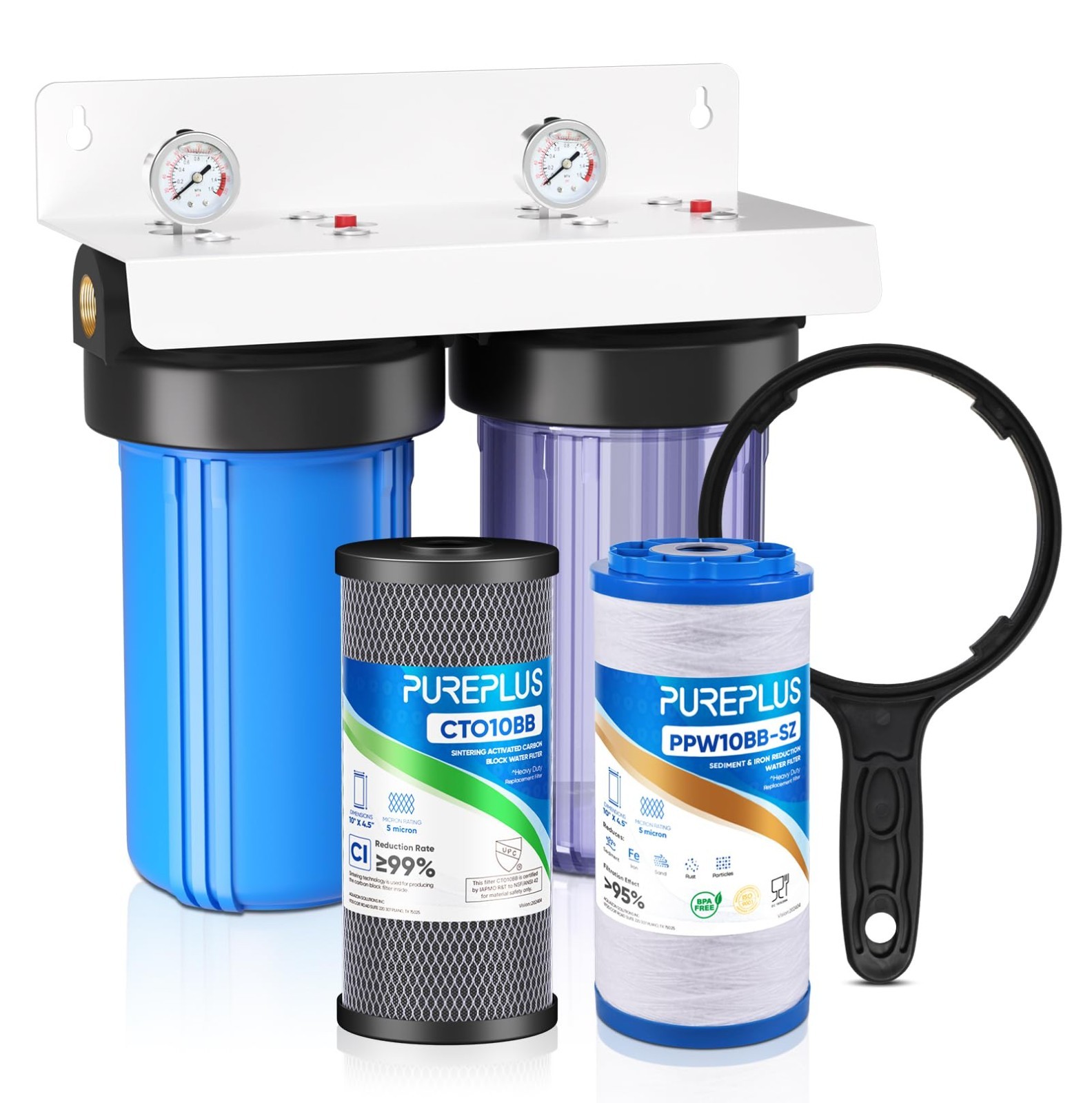 PurePlus 2-Stage Whole House Water Filter System for Well Water, 1″ Inlet/Outlet