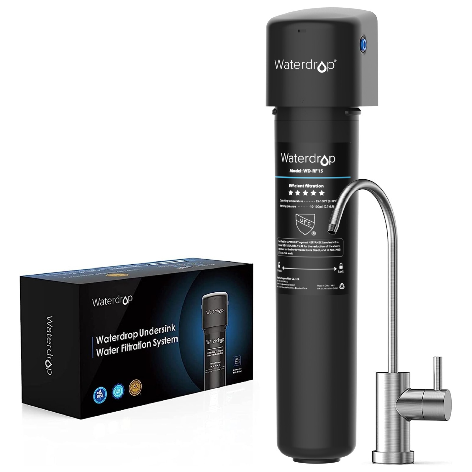 Waterdrop 15UB Under Sink Water Filter System, with Stainless Steel Faucet