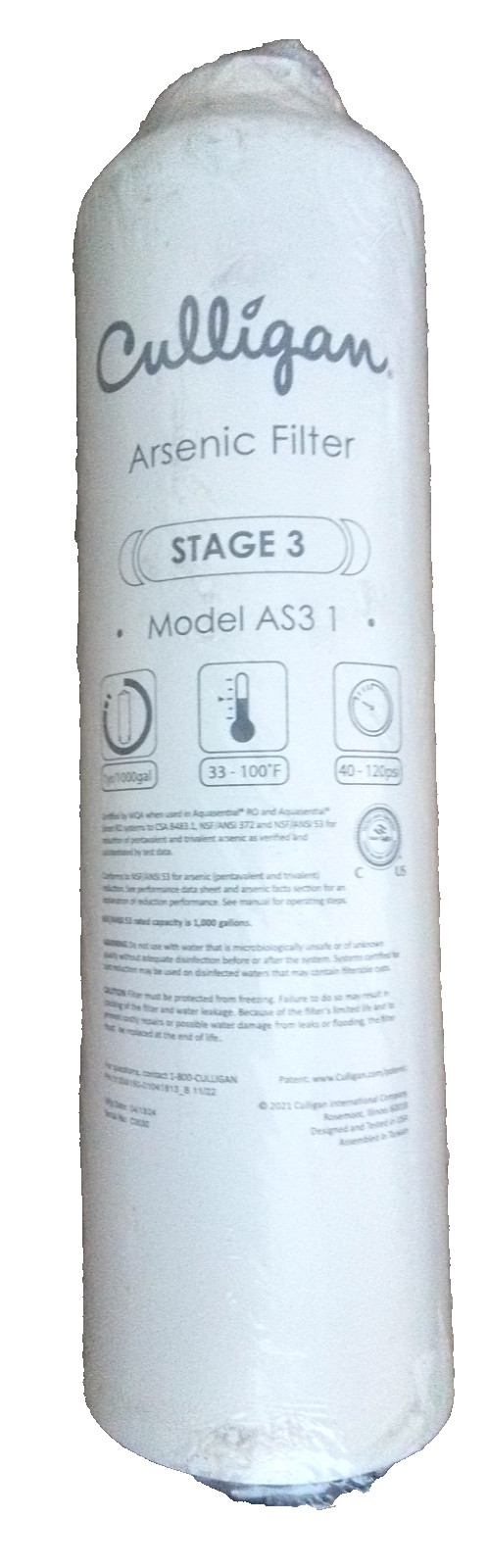 CULLIGAN,Arsenic Filter,STAGE 3,Model AS3 1.For Auquasential® RO,And Aquasential