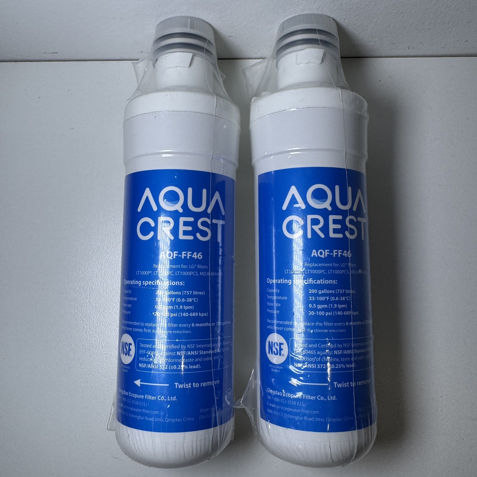 2 Aqua Crest AQF-FF46 Water Filter for LG LT1000P LT1000PC LT1000PCS MDJ64844601