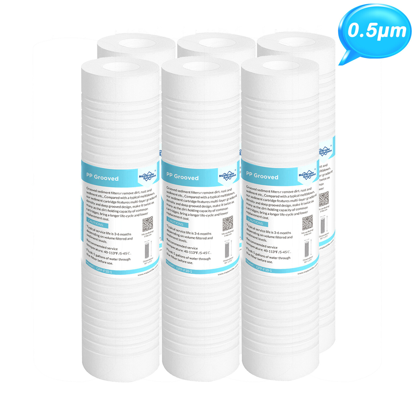 6PCS 0.5 Micron 10×2.5″ Grooved Sediment Water Filter Whole House RO Replacement