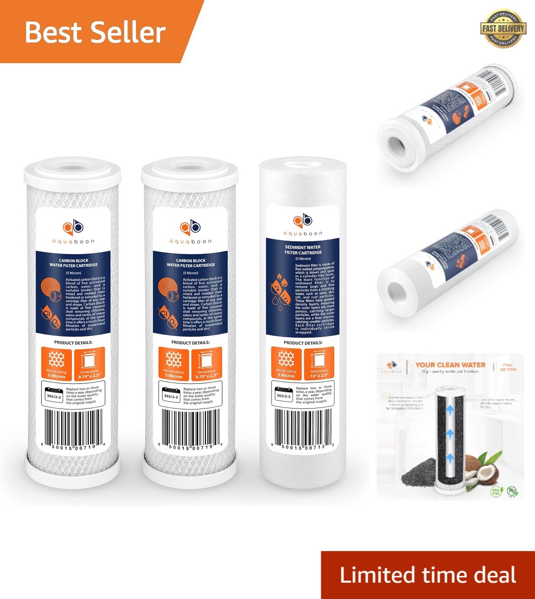 5 Micron Water Filter Cartridge Set of 3 – Removes Odors and Impurities