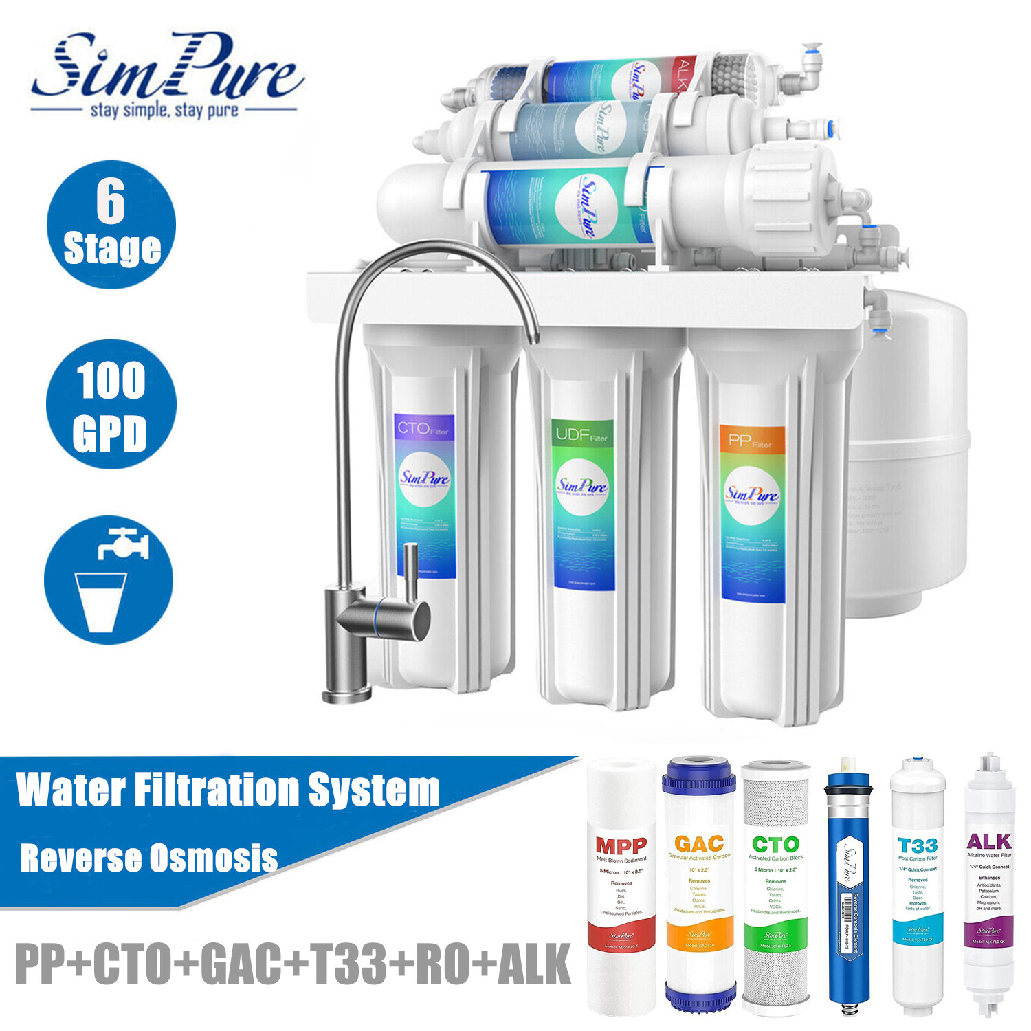 Simpure 6 Stage 100GPD Reverse Osmosis RO System Alkaline Drinking Water Filter
