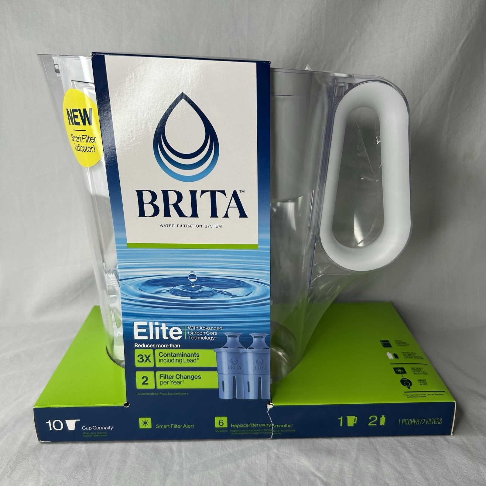 Brita Large 10 Cup Water Pitcher + 2 Elite LongLast+ Filters Last 6 Months Each