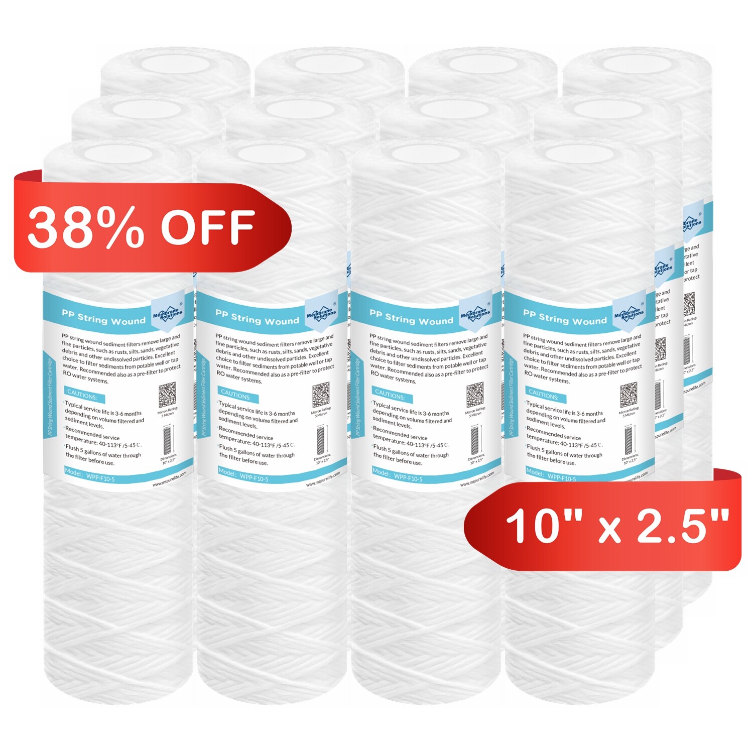 10″ x 2.5″ String Wound Whole House Sediment Water Filter 1/5/10/20/30/50 Micron