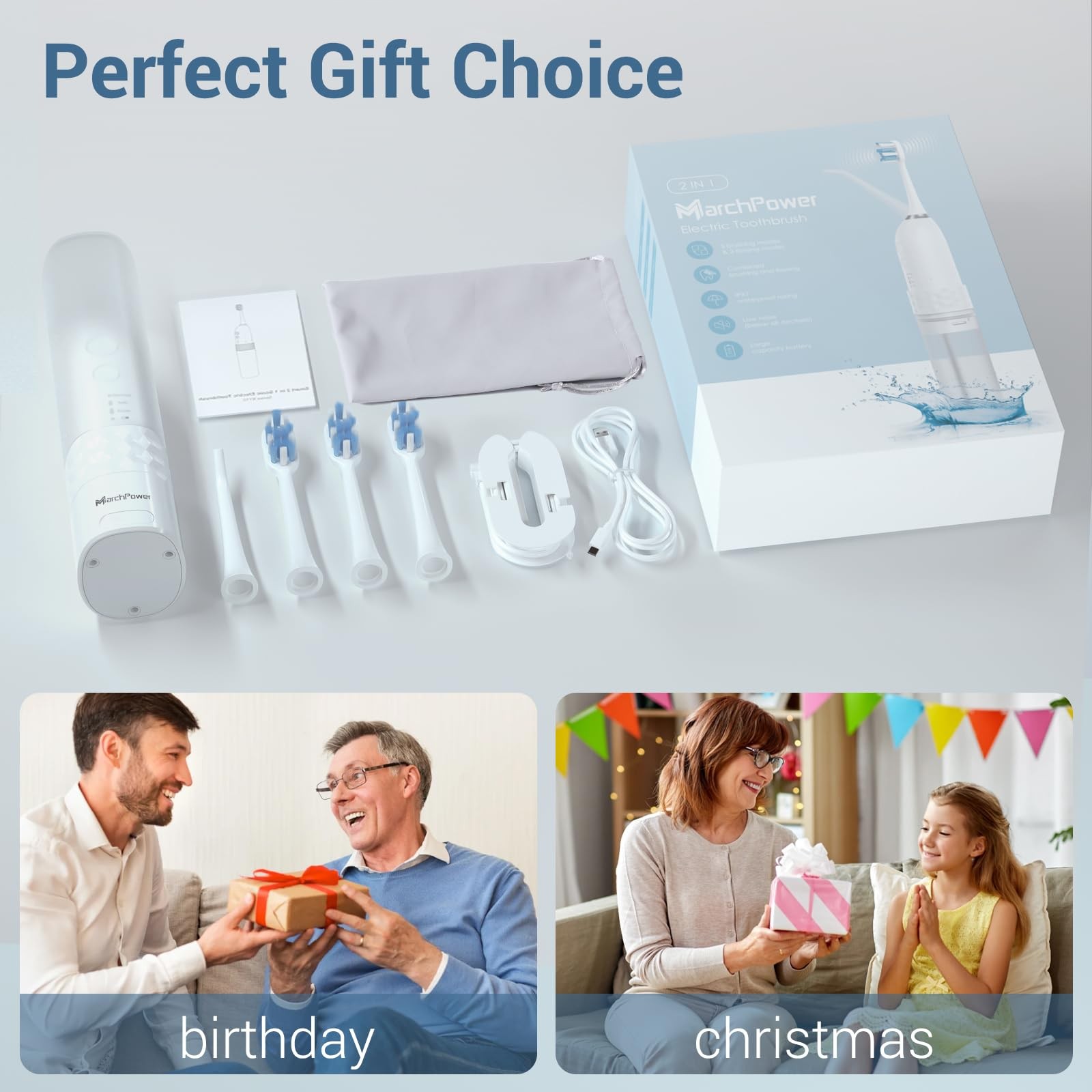 Marchpower Upgraded 2-in-1 Electric Toothbrush 1 Count (Pack of 1), White