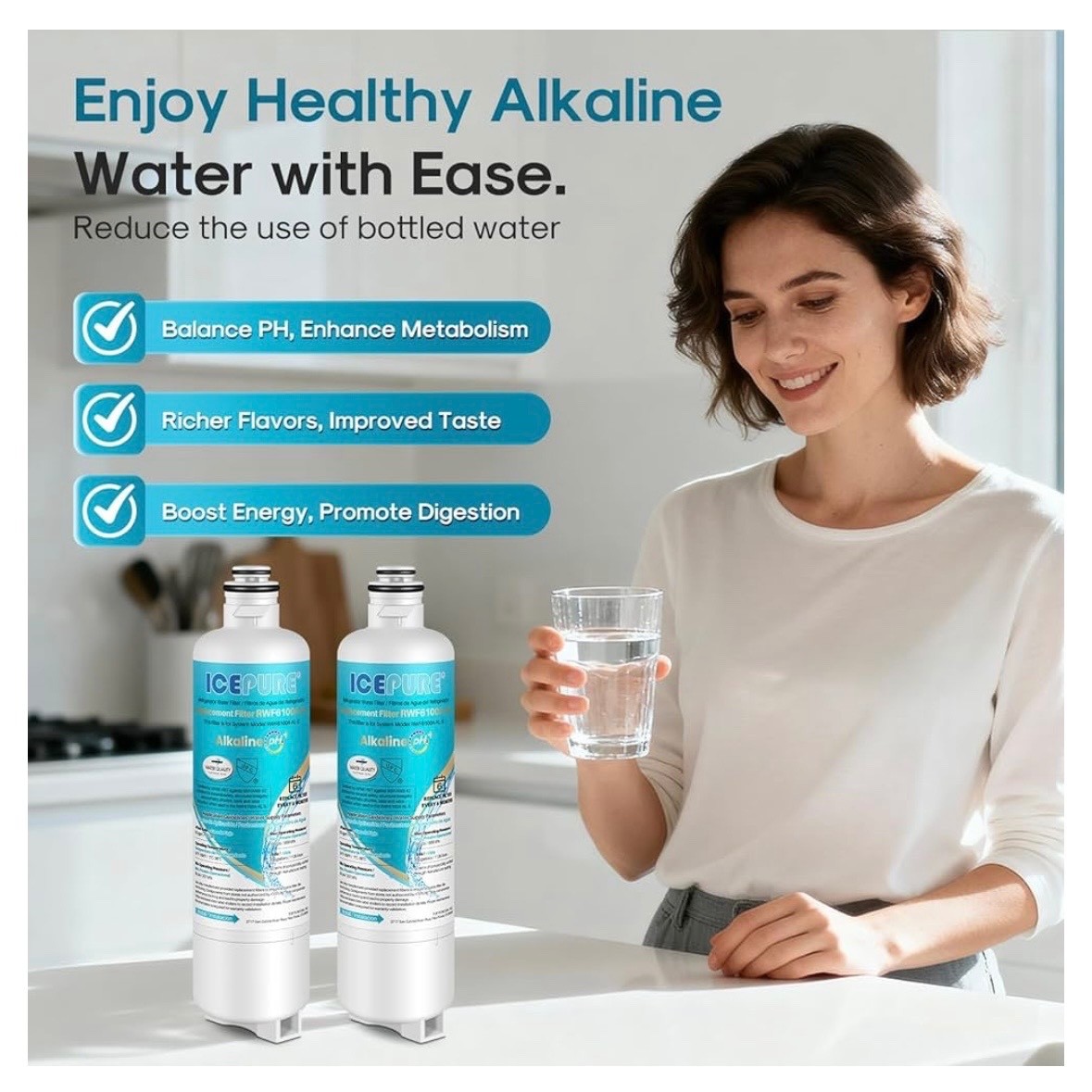 3 PACK ICEPURE Alkaline BORPLFTR50 Water Filter Bosch Ultra Clarity RWF6100A-AL