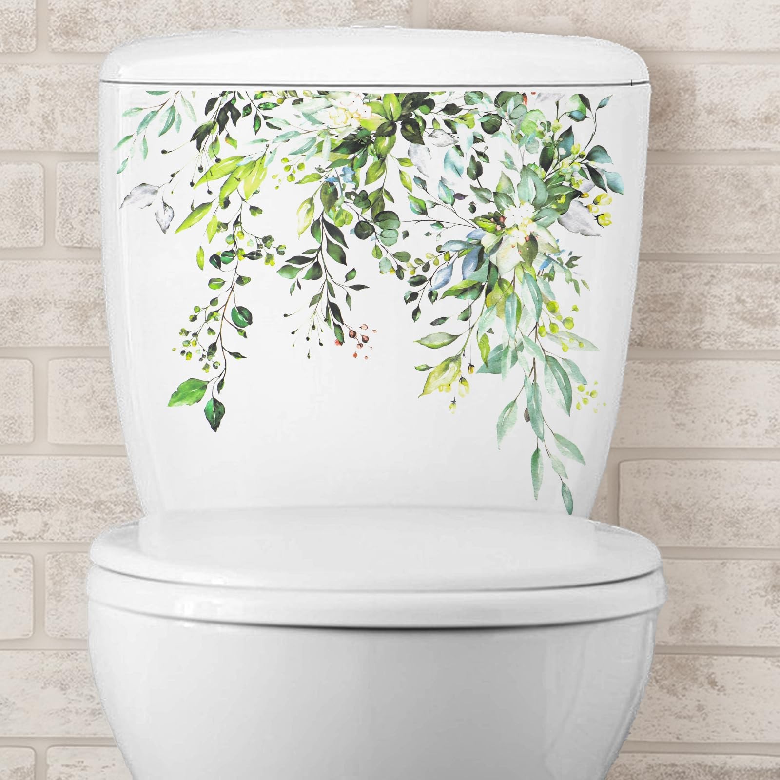 Green Plant Leaves Flowers Toilet Seat Lid Stickers, DIY Removable Toilet Sticke