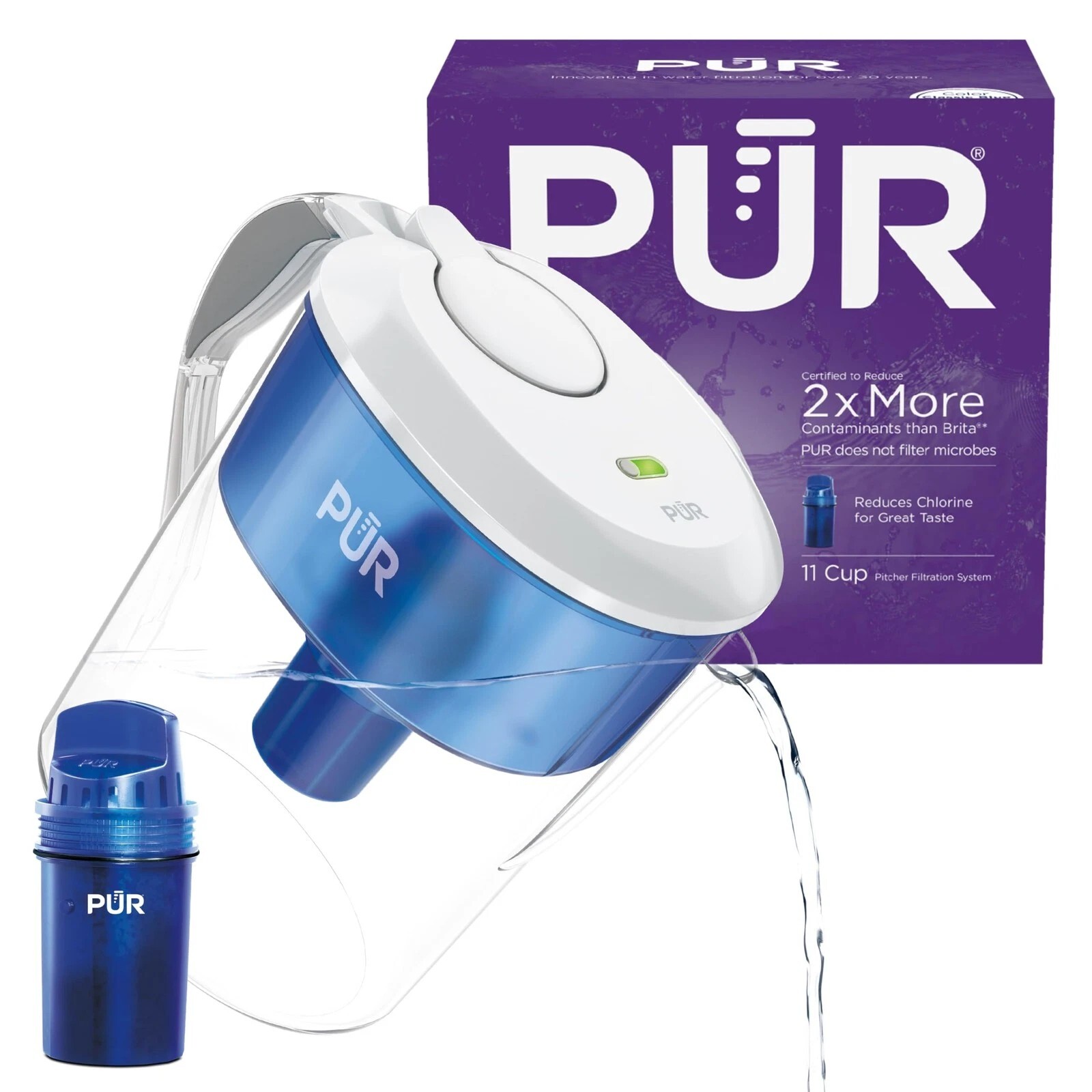 PUR 11 Cup Water Filter Pitcher Blue White NSF Certified 2 in 1 Filtration New