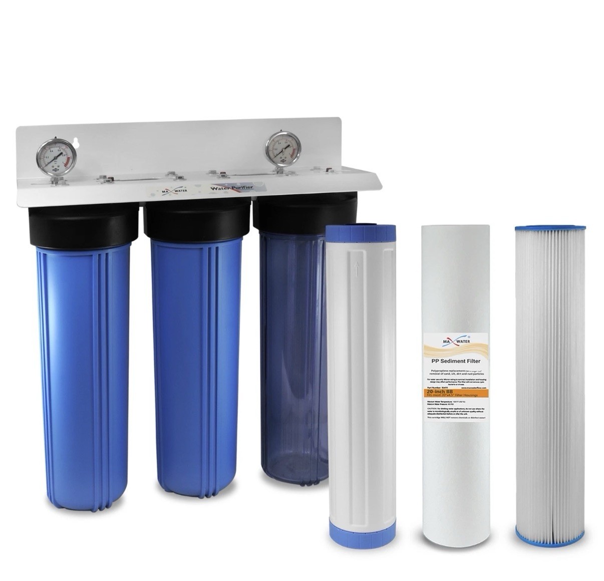 3 Stage 20″ x 4.5″ Big Blue Whole House Max Water Filter System 1″ 2 Gauges