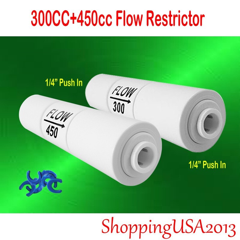 2 Pcs 300+450cc 1/4 Flow Restrictor Push In Quick Connect Under Sink RO