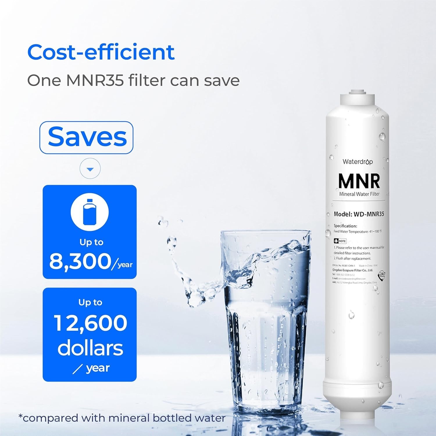 Waterdrop Remineralization Inline Water Filter, 1/4” Quick Connect Post Filter