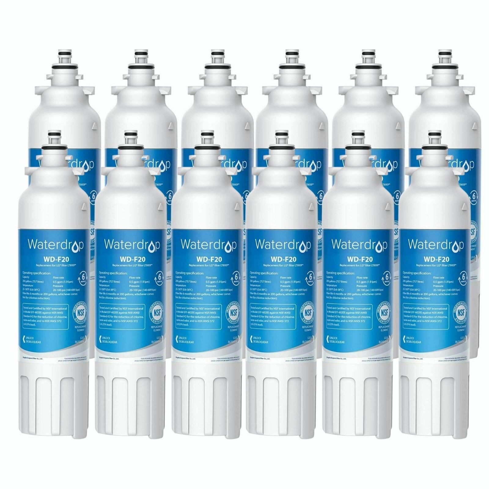 Waterdrop Refrigerator Water Filter, Replacement for LG® LT800P®, Pack of 12