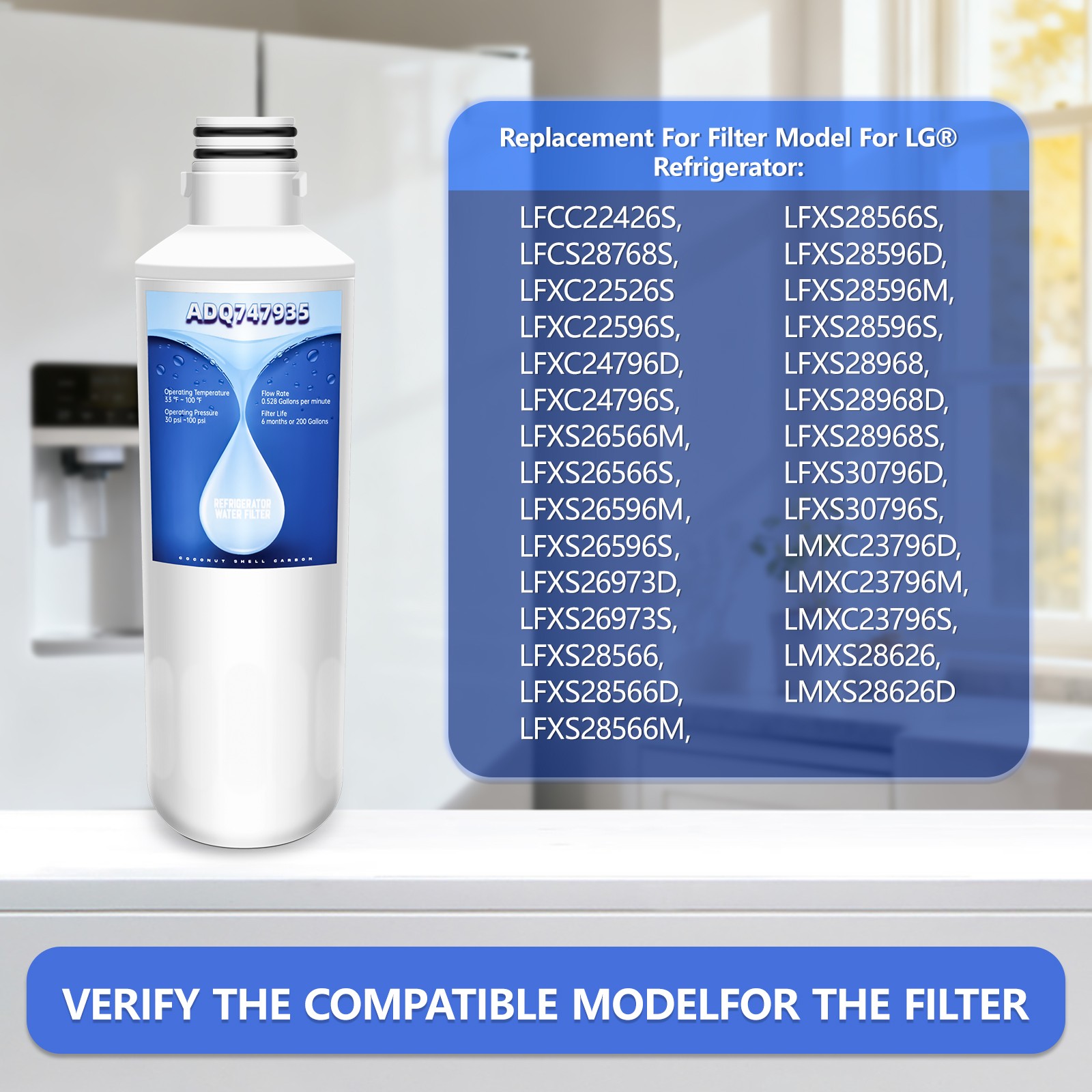 4-Pack LG LT1000P Refrigerator Water Filter, Compatible with ADQ747935