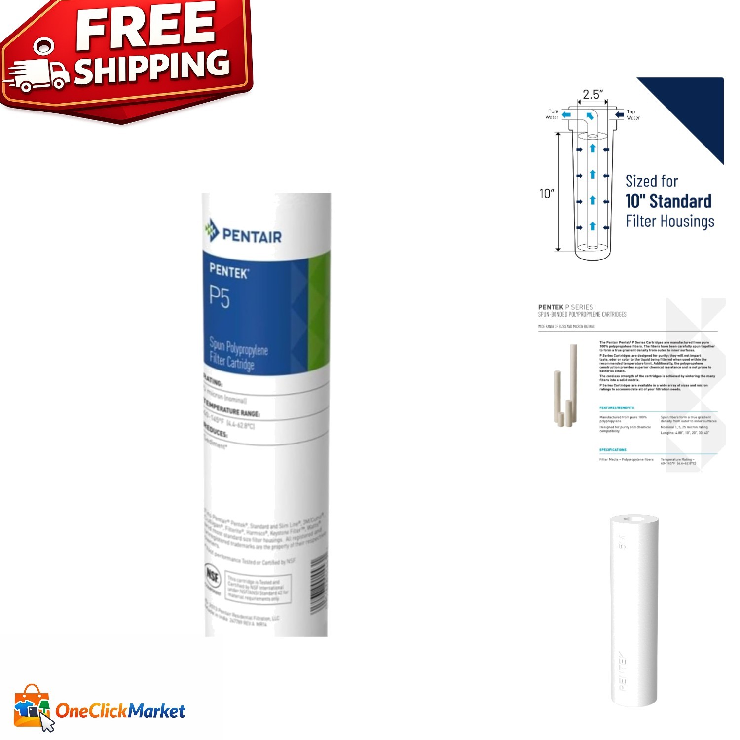 Under Sink 10» Pentair P5 Sediment Filter – 5 Micron, Pure Polypropylene Design