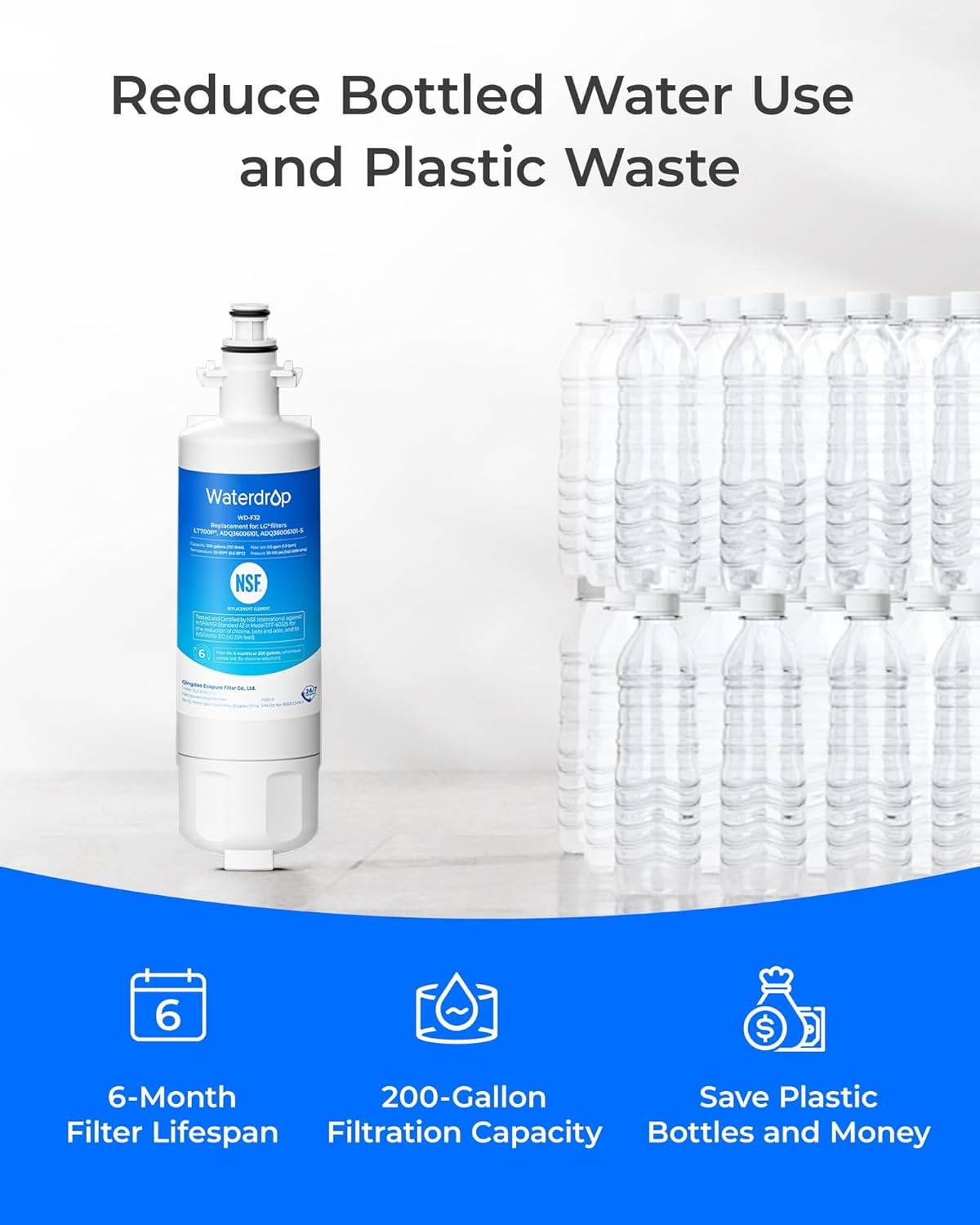 Waterdrop Refrigerator Water Filter, Replacement for LG® LT700P®, Pack of 3