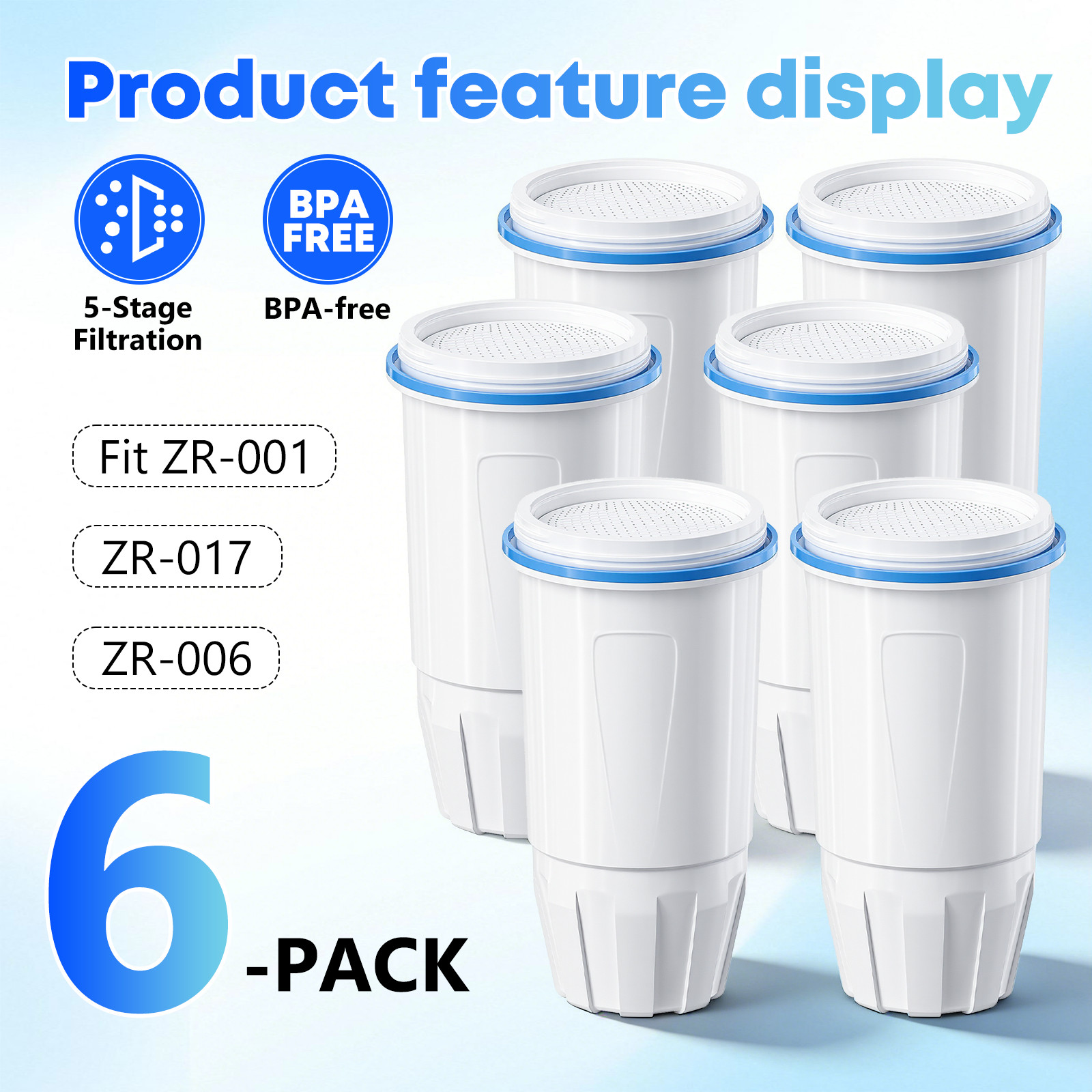 6 Pack Water Filter for Zero Pitcher & Dispenser ZR-001 ZR-017 ZR-004 ZP-006