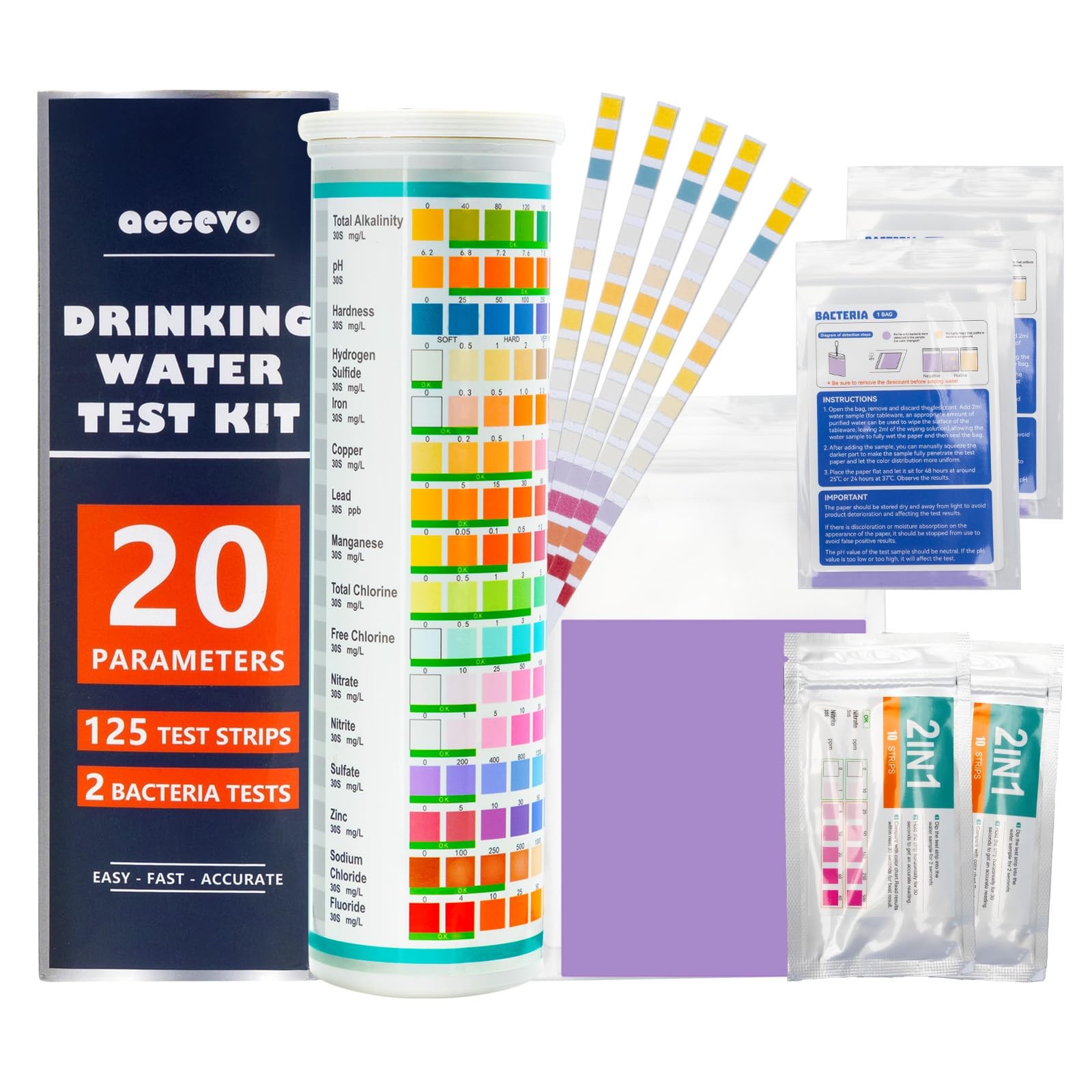 Accevo 20 in 1 Complete Drinking Water Test Kits, 125 Strips-Well, Tap, Blue