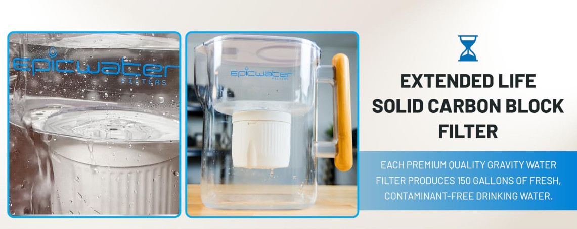 10-Cup Water Filter Pitcher, BPA-Free, 150 Gal, White & Bamboo