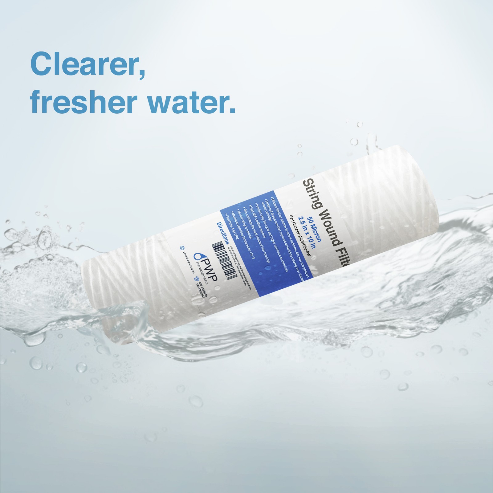 String Wound Sediment Water Filter Cartridge Standard 2.5×10″ 50 Micron 50 Pack