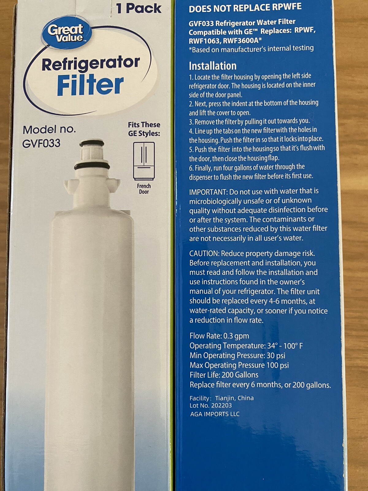 (2) Great Value Refrigerator Water Filter Replaces GE Model RPWF 6months 200 gal