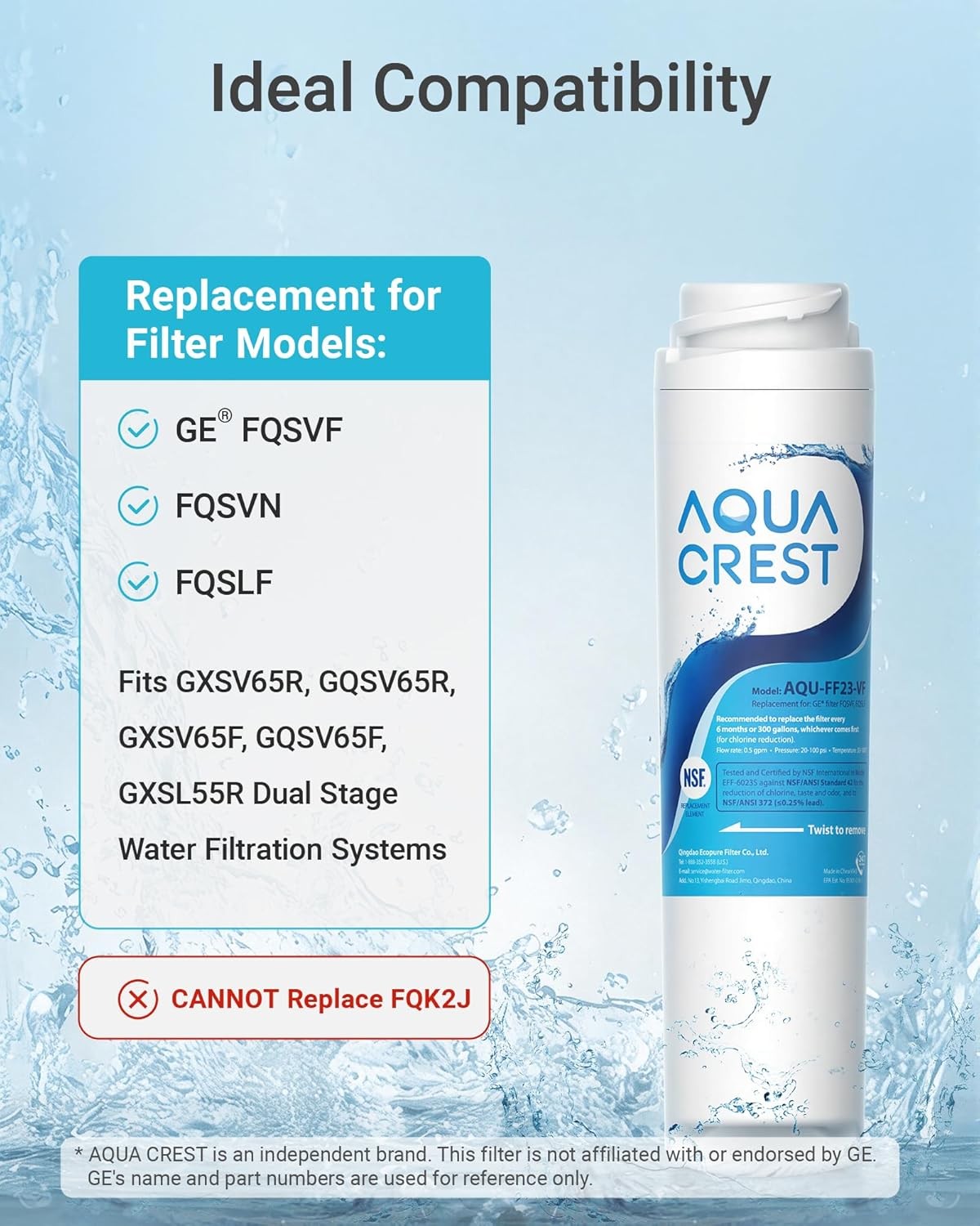 AQUA CREST FQSVF Unde Sink Water Filter, Replacement for GE® FQSVF(4)