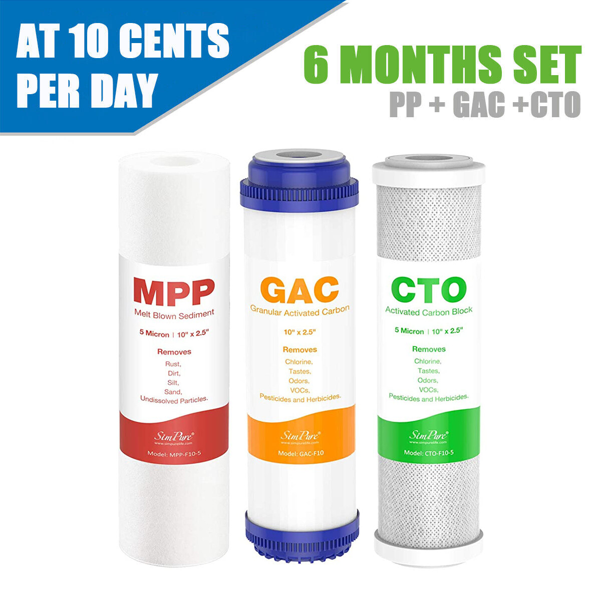 3pcs 10″ x 2.5″ Coconut Shell Activated Carbon CTO GAC PP Sediment Water Filter