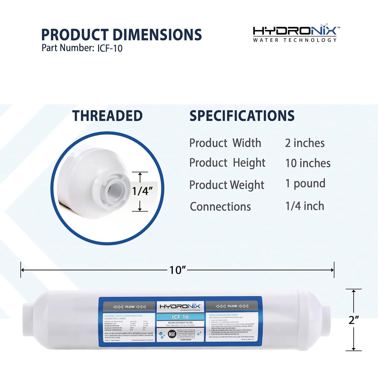 Reverse Osmosis Post Water Filter ICF-10 GAC Coconut Shell Carbon 1/4 Inch NPT