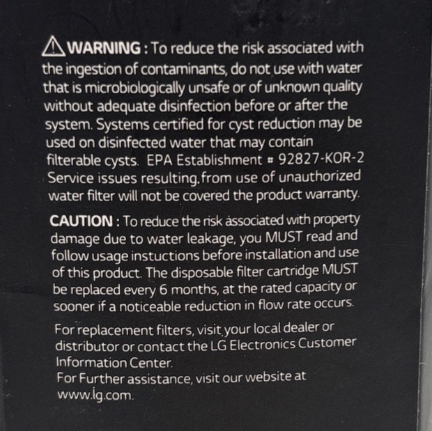 LG Water Filter Replacement Cartridge LT1000P/PC/PCS – New