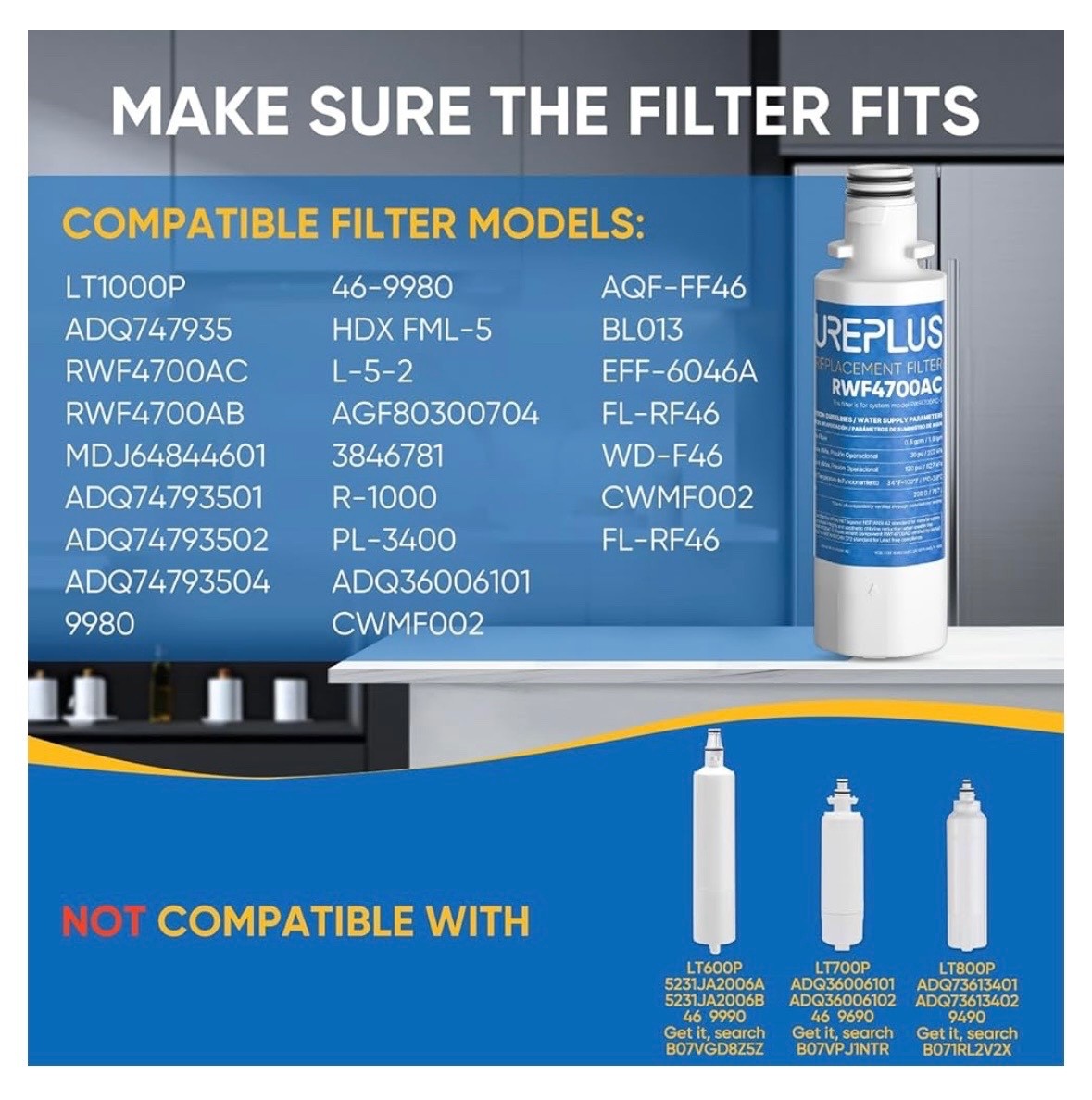 3 PACK PUREPLUS ADQ747935 LG LT1000 Kenmore Elite 9980 Water Filter RWF4700AC