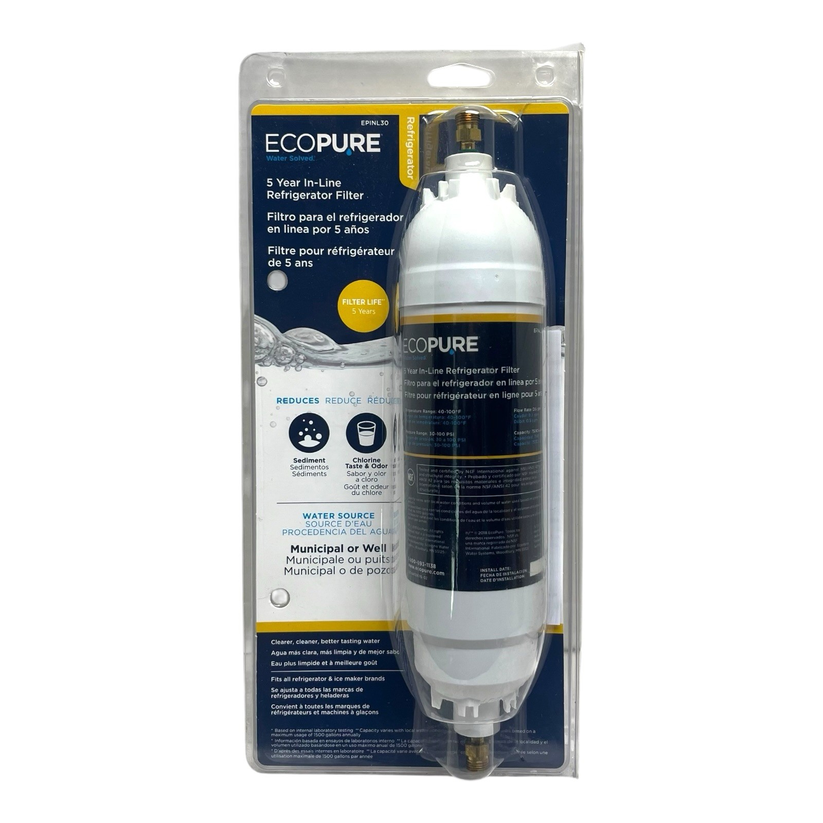 EcoPure EPINL30 5 Year In-Line Refrigerator Universal Filter Water Ice Maker New