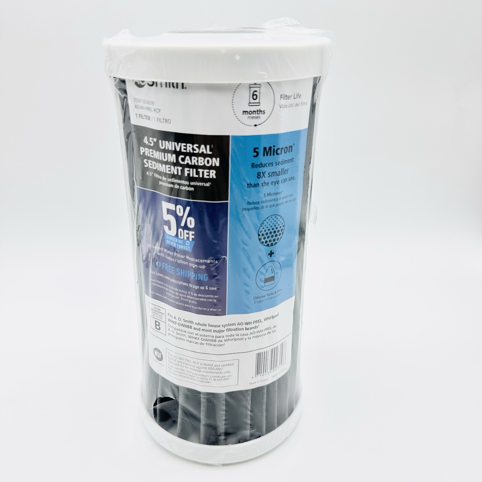 A.O. Smith AO-WH-PREL-RCP 4.5″ Universal Premium 5 Micron Carbon Sediment Filter