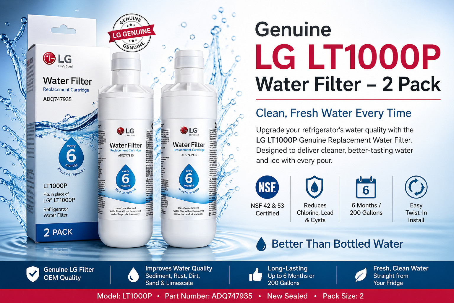 2 pc LG LT1000P Refrigerator Water Filter Genuine ADQ747935 NSF 42/53 New Sealed