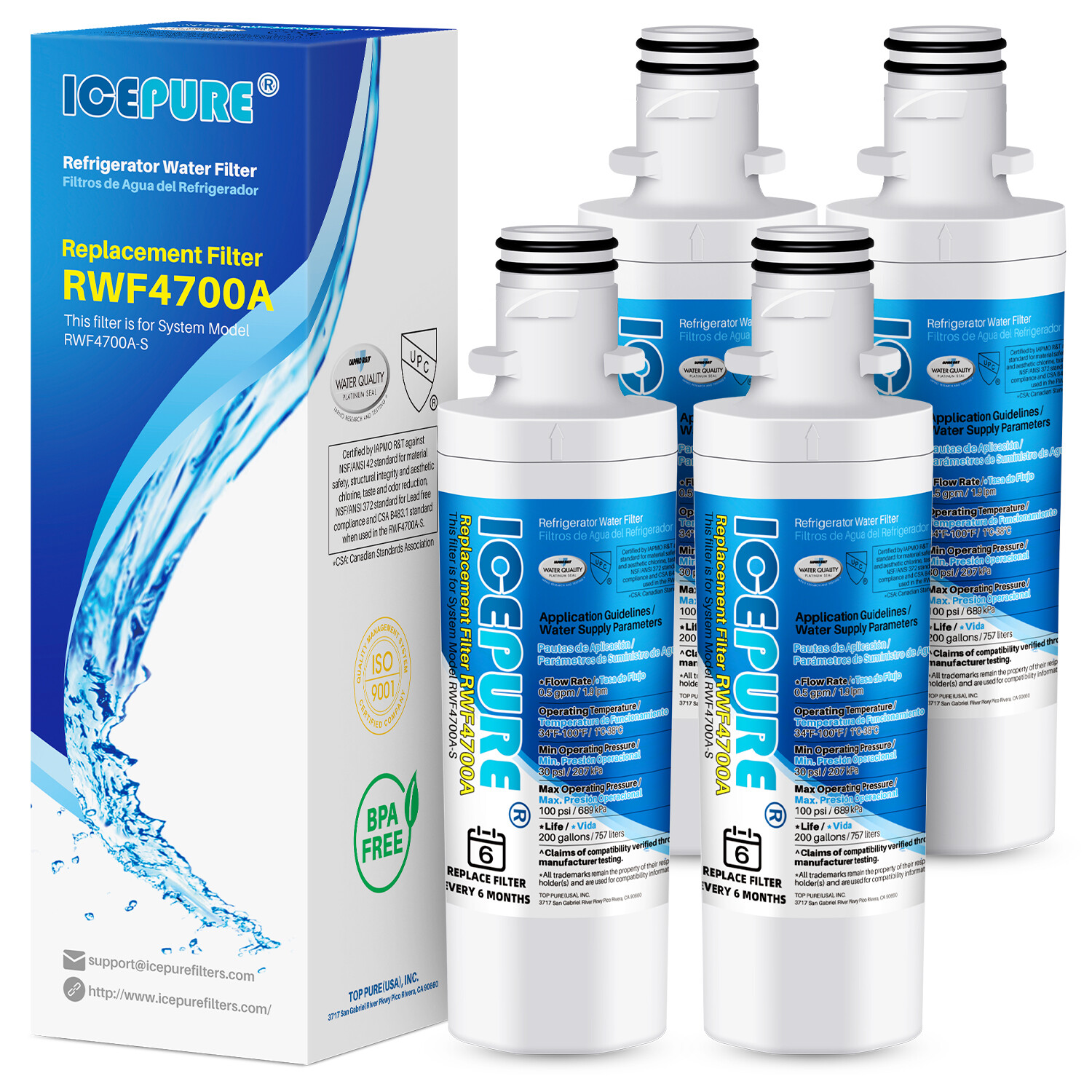 4 PACK Fit For kenmore 46-9980 ADQ747935 rwf4700a Water Filter Cartridge Icepure