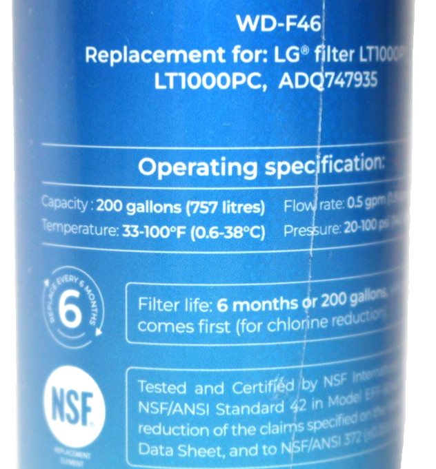 Waterdrop WD-F46 Refrigerator Water Filter for LG LT1000P, LT1000PC, ADQ747935