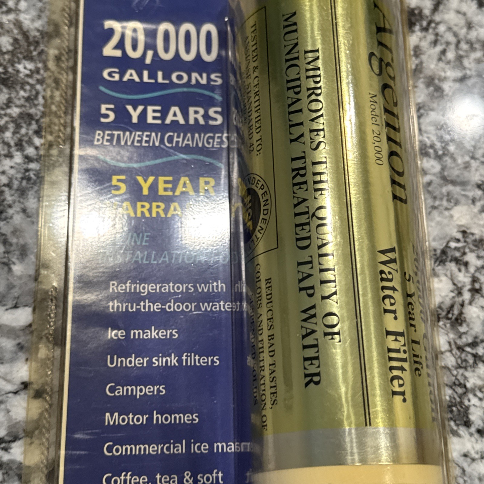 Argenion 20,000 Gal. Refrigerator In-line Water Filter 5 Yr. FACTORY SEALED NEW