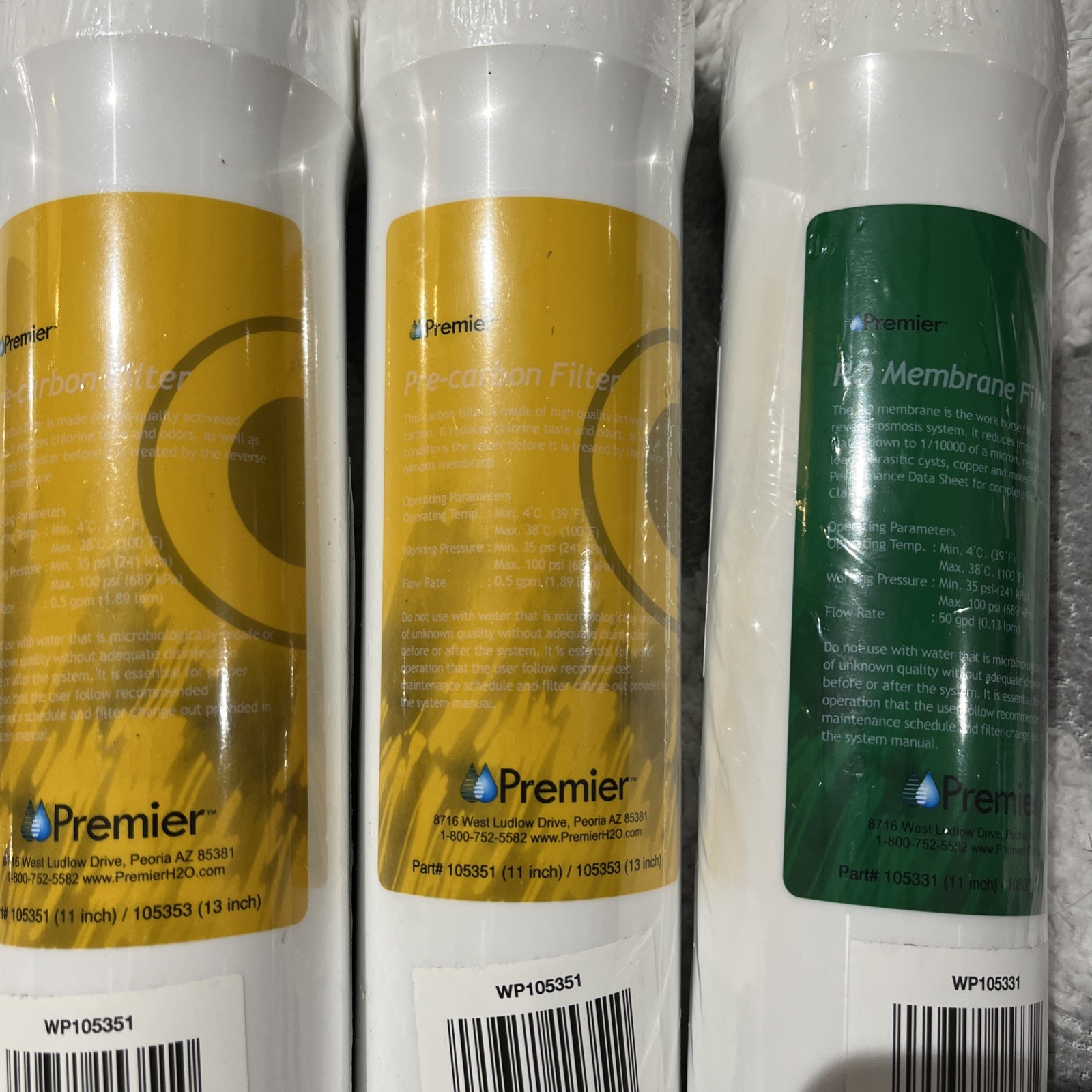 RO Water Replacement Cartridge 2 Yellow 1 Blue 1 Green Push Button, Sealed.